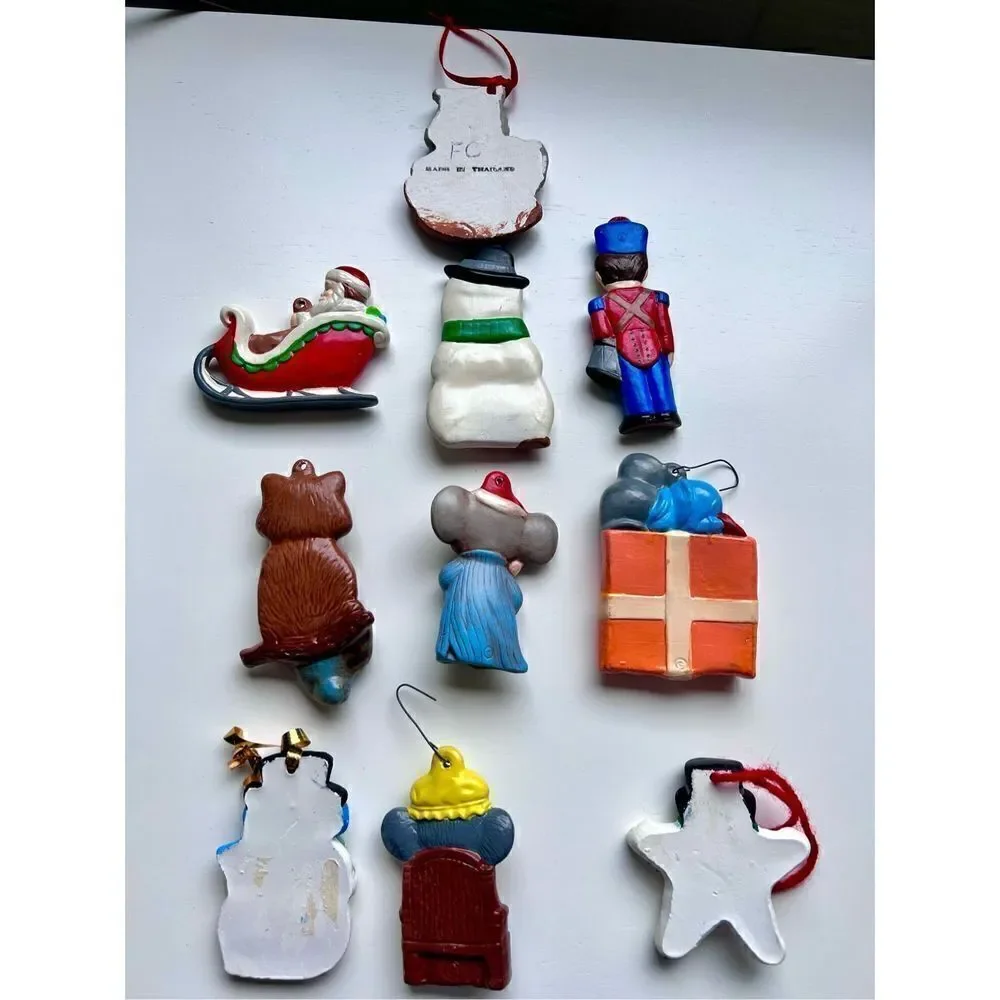 Set of 10 Vintage Ceramic Christmas Ornaments Snowmen, Santa, Mouse, Soldier